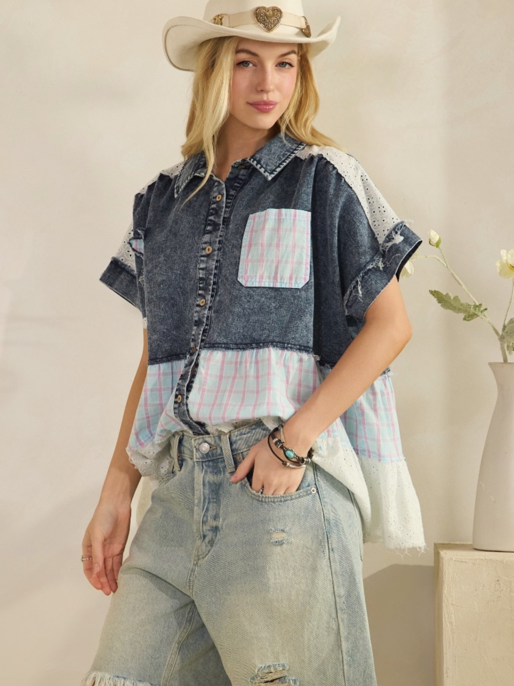 Sage & Fig Dark Wash Denim Plaid Print Star patch Button Down Top - Picture 3 of 8